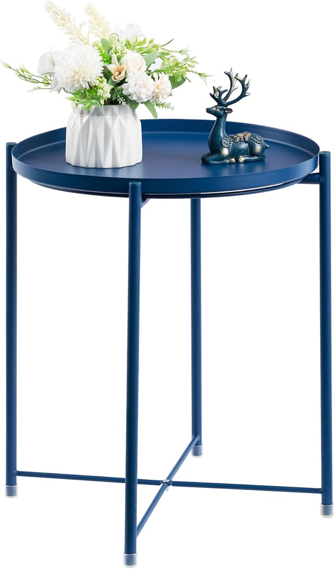 HollyHOME Round Metal Side Table, Outdoor Small Folding Accent Stand with Removable Tray, 17.72'' Portable End Table for Balconies, Gardens, Living Rooms and Bedrooms, Navy Blue