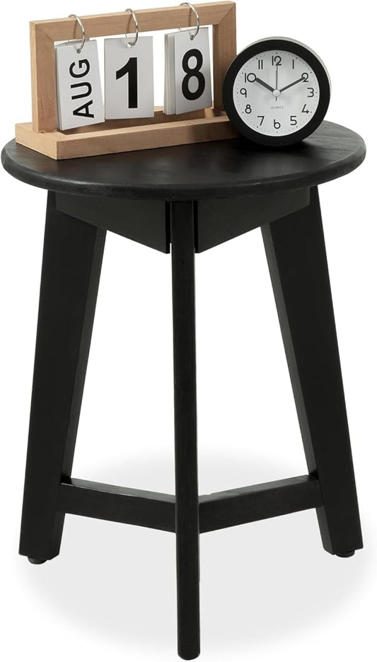 Round Side Table – Solid Acacia Wood End Table for Living Room or Bedroom – Black Wood Finish, Compact Nightstand or Accent Table for Sofas & Beds (13 x 16 x 13 Inches)