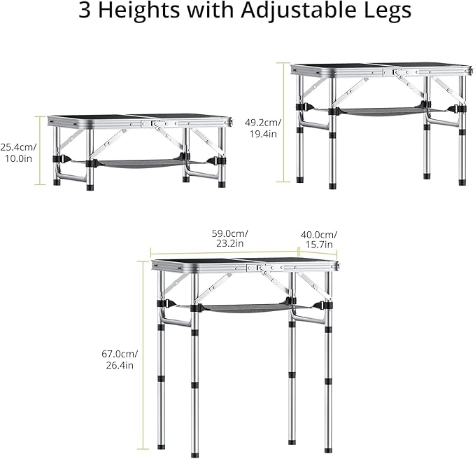 Anbte 2ft Camping Table Foldable, 3 Adjustable Heights 26.3" Aluminum Small Folding Table with Storage Net, Lightweight, Portable Handle for Travel Outdoor Beach Picnic, 23.2" x 16", Black