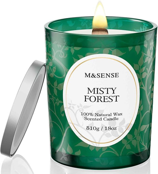 M&SENSE Misty Pine Forest Candle, Cracking Wooden Wick Soy Wax, 18oz 100 Hours Long Lasting Clean Burn, Large Fall Candles for Home Scented, Winter Holiday Gifts for Women Christmas