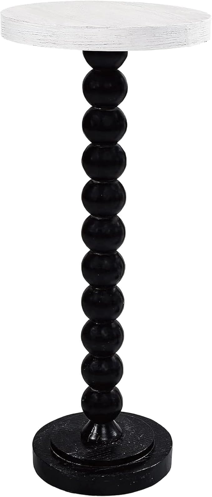 COZAYH Small Pedestal End Table, Living Room Accent Side Table Display Stand, Drink Table with Wood Top & Distressed Metal Spindle Base, White & Black