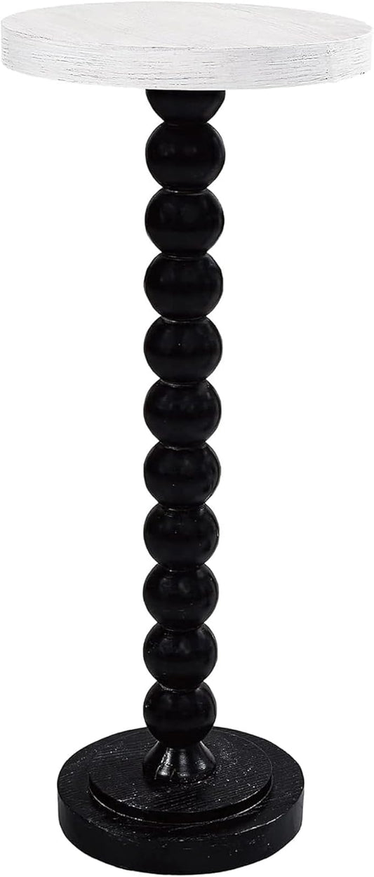 COZAYH Small Pedestal End Table, Living Room Accent Side Table Display Stand, Drink Table with Wood Top & Distressed Metal Spindle Base, White & Black