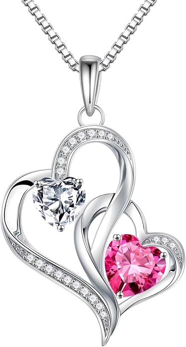 Iefil Christmas Gifts for Women - Double Heart Birthstone Necklace, 925 Sterling Silver Heart Pendant Necklace, Anniversary Birthday Gifts for Women | Personalized Jewelry Gift for Wife Mom Girlfriend