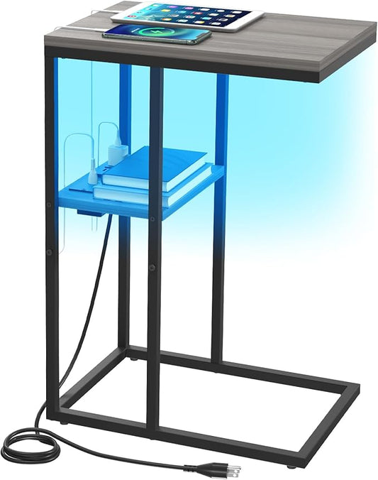 Yoobure LED C Shaped End Table with Charging Station, Small Side Tables for Living Room Bedroom, TV Tray Table with USB Ports and Outlets for Small Spaces, C Table for Couch Sofa, Bed Side Table