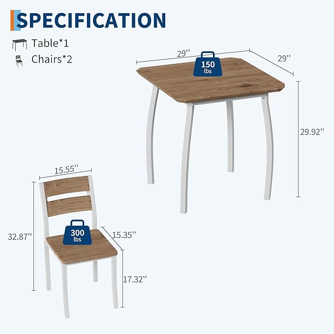 Small Dining Table Set for 2,3-Piece Kitchen Table Set with Thick Wood Grain Tabletop & 2 Upholstered Chairs & Metal Frame, Compact Table Set for Small Spaces & Kitchens & Dining Rooms（Natural）