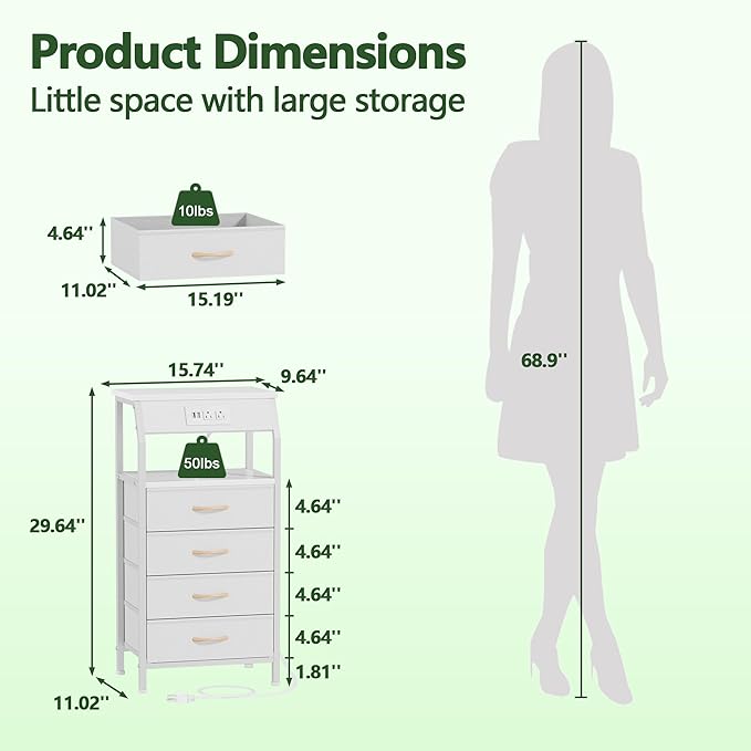 Furnulem Night Stand with Charging Station, Dresser with PVC & Fabric Drawers, 33.3 Inch Side Table with Open Shelf, Tall Bedside Table for Closet, Entryway, Bedroom Furniture, 3 Ways to Use, White