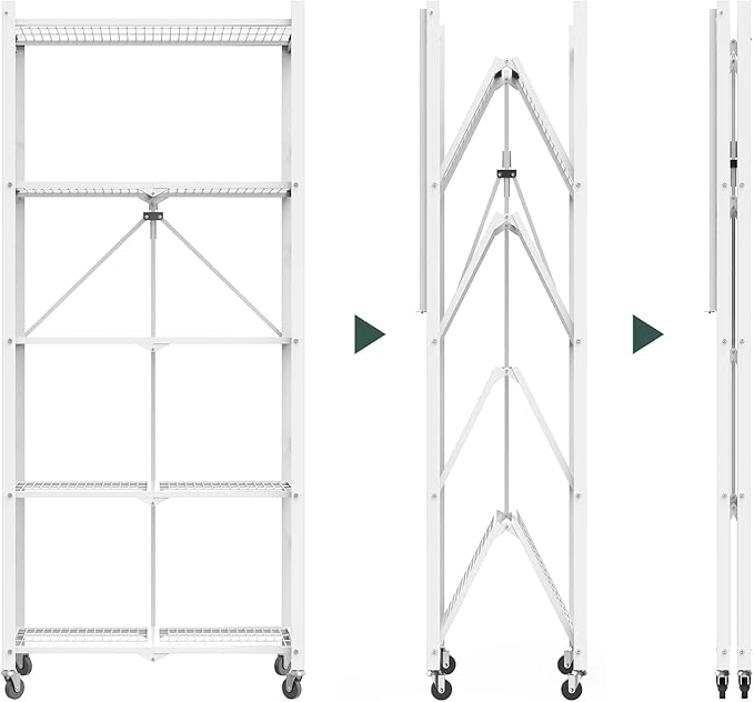 64" H 5 Tier Foldable Storage Shelf with Wheels, Folding Shelving Loads 500 LBS, Metal Steel Garage Shelves, Rolling Standing Utility Rack for Kitchen, Pantry, Office, White