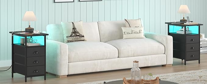 End Table with Charging Station,LED Side Tables with USB Ports and Outlets,Narrow Nightstands Bedside Tables with 3 Drawers PU Finish for Small Space,Slim Sofa Table for Livingroom,Black