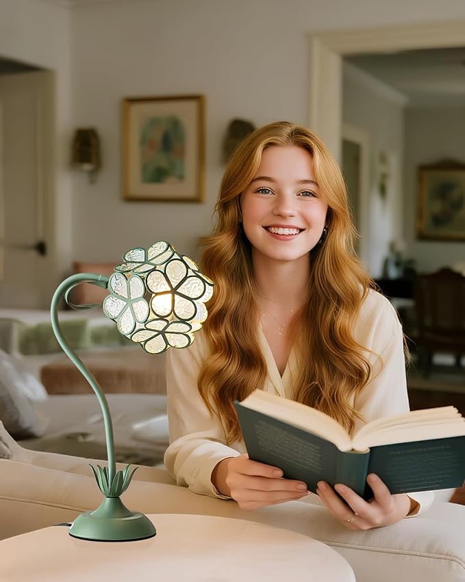 Flower Table Lamp, Vintage Green Floral Desk Light with Artistic Glass Petal Shade, Cottagecore Ambient Bedside Nightstand Lamp for Bedroom, Living Room, Study, Gift