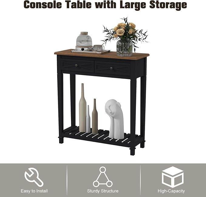 kinbor Narrow Console Table with Shelf ＆ Drawers Small Entryway Table Hallway Table for Entryway Living Room Bedroom Foyer Office Black