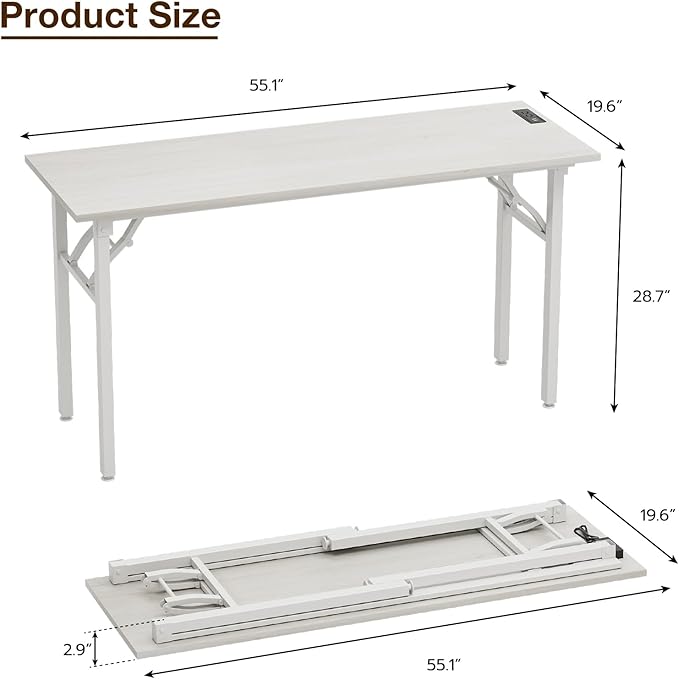 TEMI Long Computer Desk Folding Table - No Assembly, Compact 55.1" Foldable Desk with Power Outlets & USB Charging Port, Portable Lagre Office Desk, Ideal Large Study Table for Narrow Spaces,White Ash