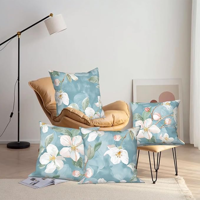 White Flowers Throw Pillow Covers 18"x18" Set of 4, Blooming Floral Couch Pillow Cases Spring Decorative Cushion Covers for Sofa Chair Bed Living Room Garden Farmhouse Car Indoor Outdoor