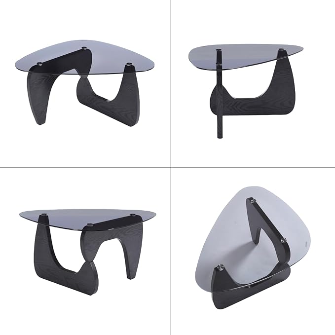 DUOMAY Modern Triangle Glass Coffee Table, 16 Inch High Glass Top Abstract Small End Table with Solid Natural Wood Base, Tea Table Suitable for Living Room, Office, Patio, Apartment, Black Wood