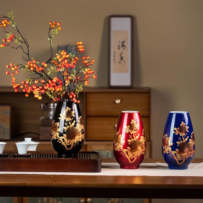 9 Inch Glossy Vintage Ceramic Vase with Floral Design,Flower Vases for Dining Table & Wedding Centerpiece, Handcrafted Home Decor,Boho Decoration for Living Room,Office,Entryway,Pampas Grass(Wine red)