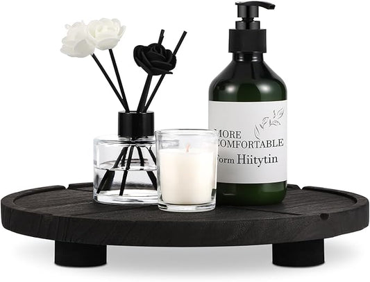 12'' Round Wooden Tray Pedestal Stand, Farmhouse Bathroom Decor Riser for Soap Dispenser, Perfume, Candle, 12'', Matte Black