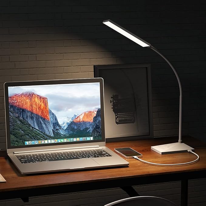Vansuny LED Desk Lamp with USB Charging Port, Eye-Caring, 5 Color Modes,6 Brightness Levels, Touch Control, Flexible Gooseneck, Memory Function for Dorm Office Work Bedroom (12W,White)