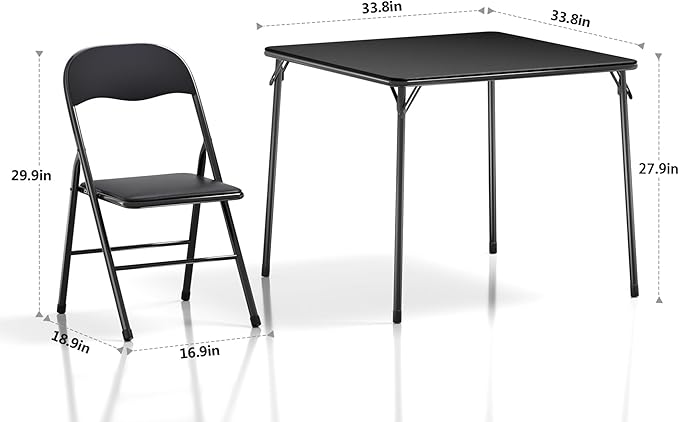 VECELO Folding Card Table and Chair Set of 5 Foldable with Padded Upholstery Tabletop, Metal, Black