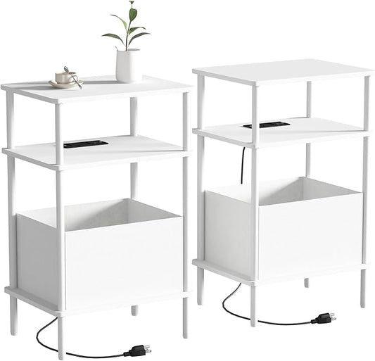 Small Side Table with Charging Station, Set of 2 End Table for Small Spaces, Slim Nightstand with Outlet,Sofa Beside Table, 3-Tier Storage Shelf,Living Room, Bed Room, Natrual White