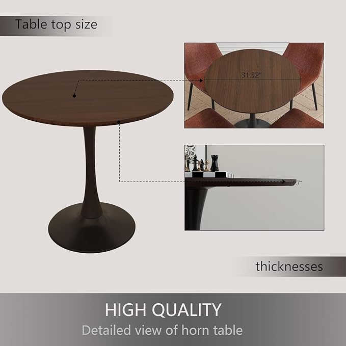 Round Dining Table, Modern Tulip Table, 31.5‘’Mid-Century Round Leisure Table with Metal Base for 2-4 Person, Suitable for Living Room, Kitchen, Cafe and Home Office (Walnut Color)
