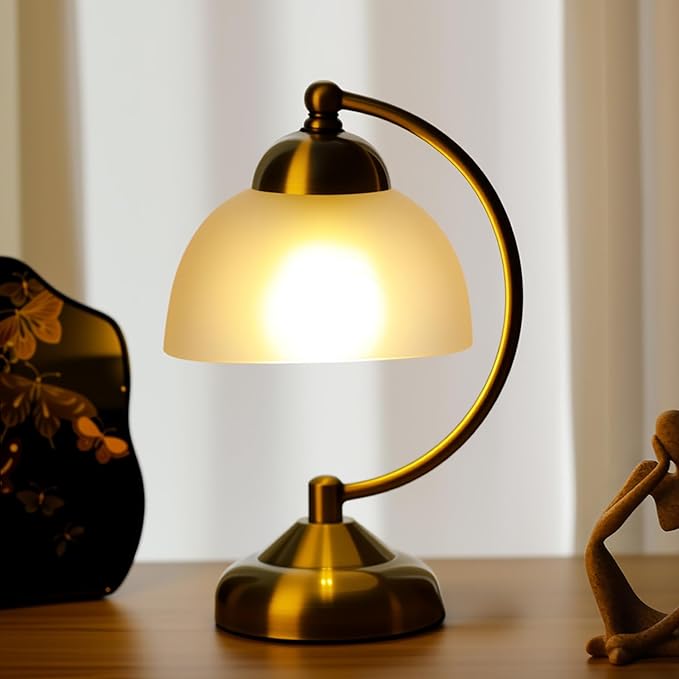 Small Modern Touch Glass Bedside Table Lamp, 7 x 7 x 10 Inch Bronze Base Table Lamp for Bedrooms and Office (White Frosted Glass Shade)