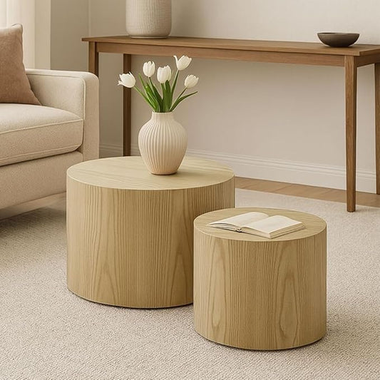 WILLIAMSPACE Nesting Coffee Table Set of 2, Round Wooden Coffee Tables Circle Modern Table for Small Space Living Room Bedroom Accent End Side Table (Wooden Color-Round)