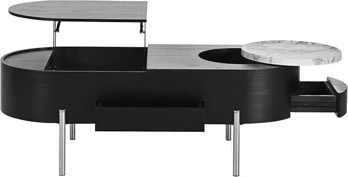 47.2'' Lift Top Coffee Table with Hidden Compartment, Modern Oval Wooden Center Table Cocktail Tea Table with 360-degree Marble-Patterned Rotating Tray and 3 Drawers for Living Room, Black