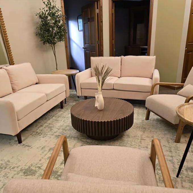 31.49'' Round Coffee Table for Living Room, Modern Wood Nesting Coffee Table Handcraft Circle Fluted Drum Coffee Table, Easy Assembly