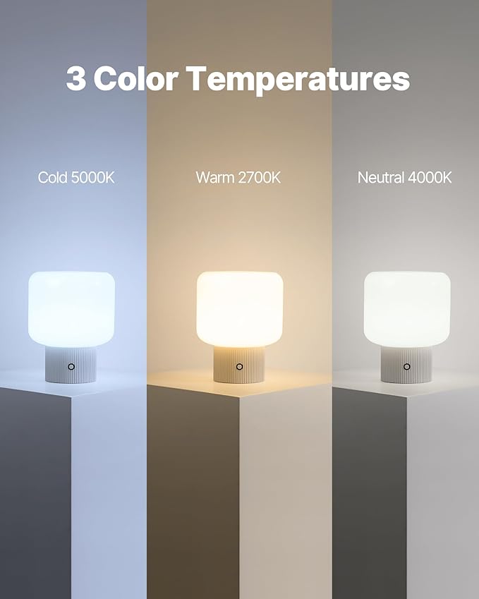 Halo Mushroom Lamp, 5W Cute Cordless Rechargeable Table Lamp with Glass Shade, 3 Color Temps LED Dimmable Ambient Lighting, Small Retro Touch Bedside Light for Bedroom Decor, White