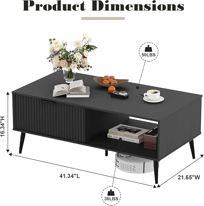 41.34''D Coffee Table, 2-Tiers Farmhouse Coffee Tables With Storage and Sliding Wave Pattern Door, Modren Tea Table, Wooden Dining Center Tables for Living Room, Office, Bedroom, Outdoors, Black