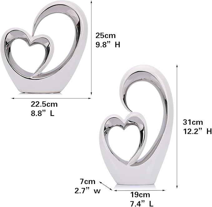 LCCCK Porcelain Double Heart Decor,White and Silver Sculpture Home Decor for Living Room Entryway Coffee Dining Table Shelves, Wedding Anniversary, Valentine's Gift for Couples & Lovers Modern