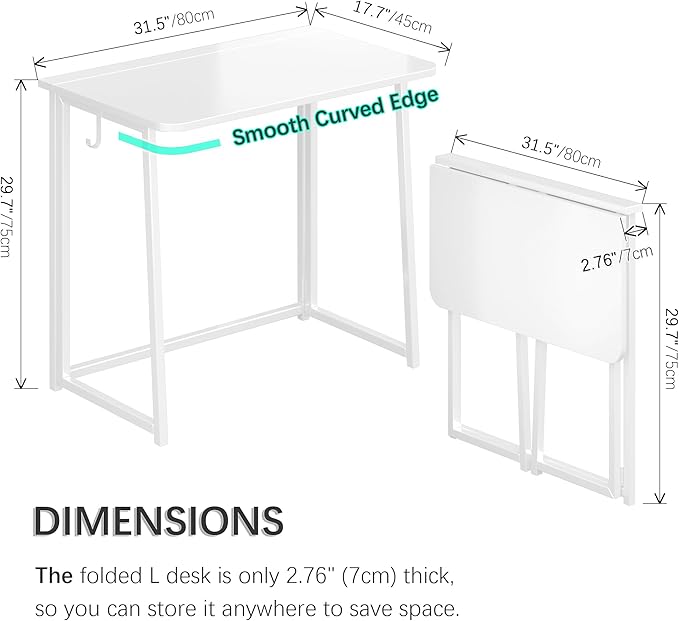 4NM 31.5" Small Folding Desk, Foldable Computer Home Office Desk, Study Writing Table for Small Space Saving Bedroom, Easy Assembly - All White