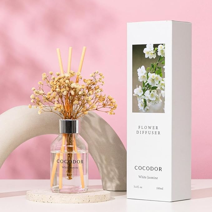 COCODOR Flower Reed Diffuser Set / 3.4oz / White Jasmine/Scent Diffuser with Sticks Home Fragrance Reed Diffuser for Bathroom Shelf Decor
