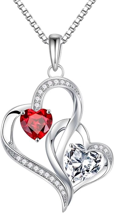 Iefil Christmas Gifts for Women - Double Heart Birthstone Necklace, 925 Sterling Silver Heart Pendant Necklace, Anniversary Birthday Gifts for Women | Personalized Jewelry Gift for Wife Mom Girlfriend