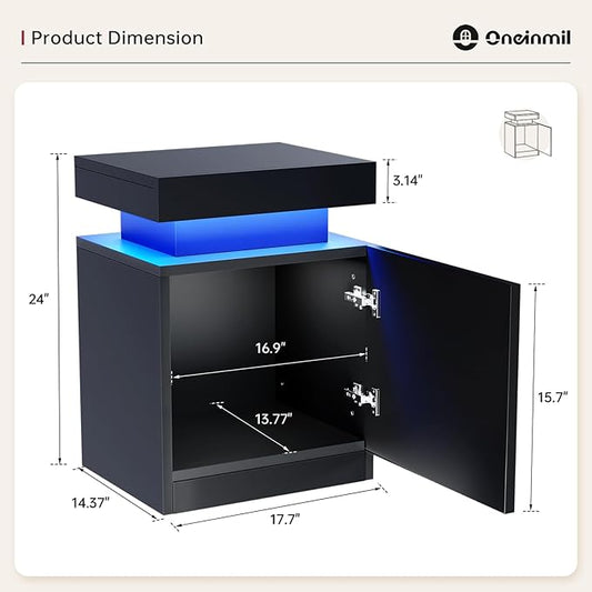 oneinmil LED Nightstands Set of 2, Night Stand with Storage Cabinet for Bedroom, Bedside Table with LED Lights, Modern End Side Table, Black