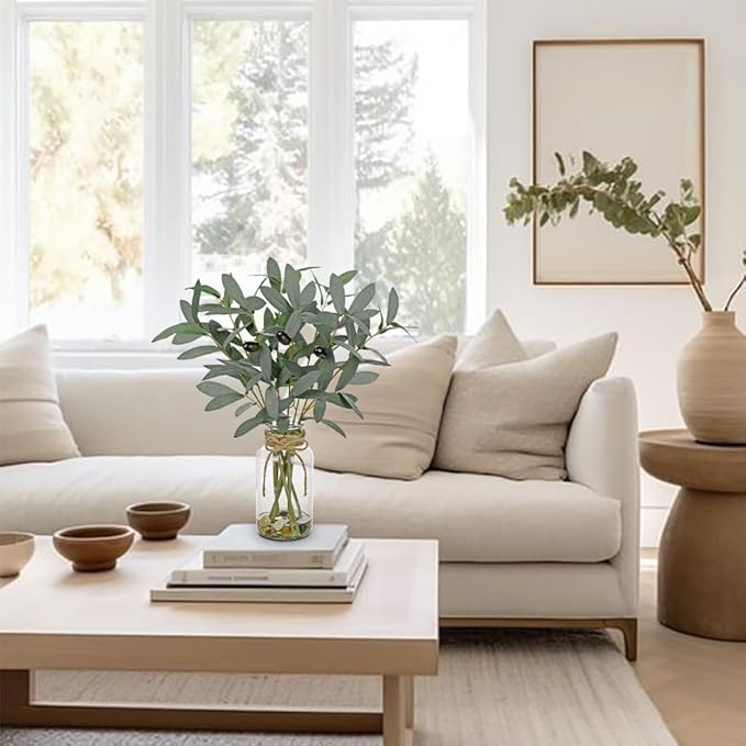 DILATATA Artificial Olive Stems in Glass Vase with Faux Water and Real Stones 15" Fake Greenery Plant Olive Leaves for Home Office Farmhouse Bathroom Bedroom Kitchen Table Centerpiece Decor