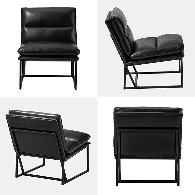 Glitzhome Mid Century Modern Accent Chair, Living Room Thick Leatherette Chair with Metal Frame, Side Chair with Backrest, Upholstered Leisure Chair for Living Room, Bedroom, Office,Black 1PC