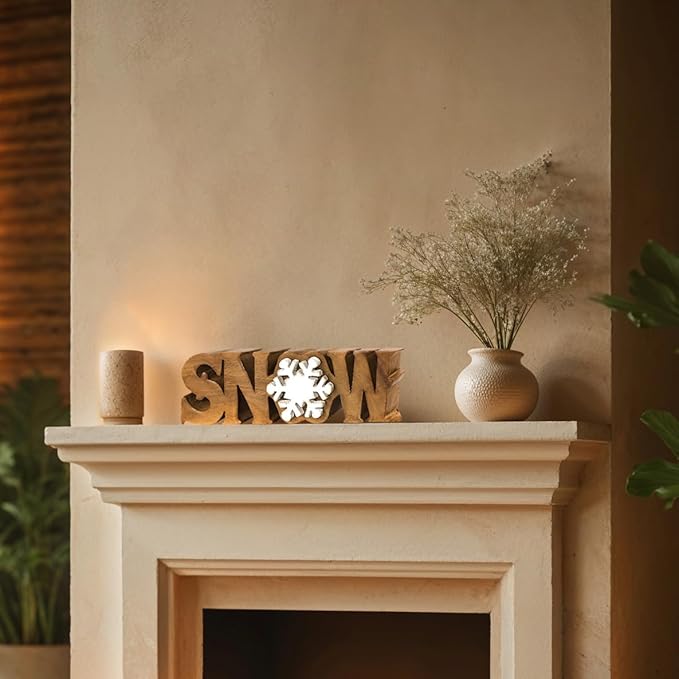Decozen Living Room Decor: Handcrafted Snow Sign Letters Centerpiece - Bedroom, Indoor Coffee Table, House, Dining Room, Farmhouse & Kitchen Decor, Housewarming Gifts and Accessories - Solid Wood