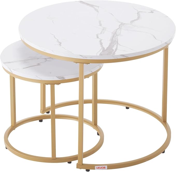 VEVOR Nesting Tables, Coffee Table Set of 2, 23.6 inch Round Coffee Table, Small Coffee Tables Night Stand with Metal Frame, for Living Room, Bedroom, Office (White & Gold)