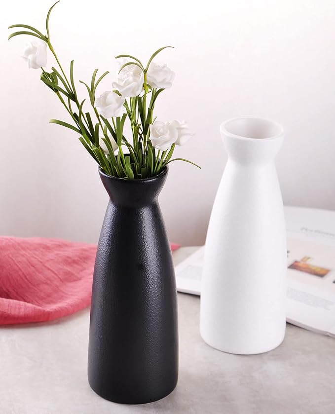 WHJY 8 inch Nordic Minimalist Black Matte Ceramic Vases, Japanese Zen Stoneware Flowerware, Floral Decorations, for Living Room, Study, Bedroom, Balcony, Bar - Tall Black