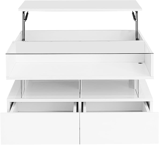 Lift Top Coffee Table with 2 Drawers and LED Lights, Modern 29.5" Square High-Gloss Center Table Cocktail Tea Table with Glass Top and Hidden Space for Living Room Apartment White