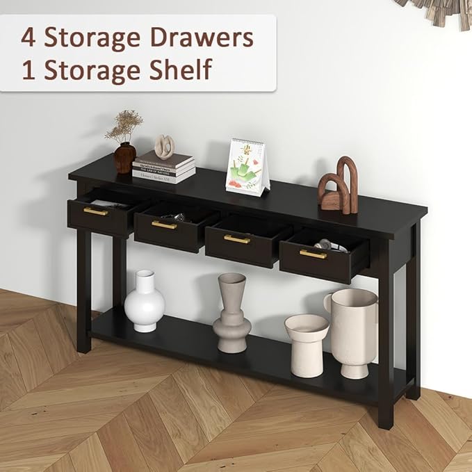 Console Table for Entryway with 4 Drawers, 60 Inch Long Foyer Table w/Open Storage Shelves and Handmade Metal Handle, Narrow Sofa Table for Living Room, Hallway, Black