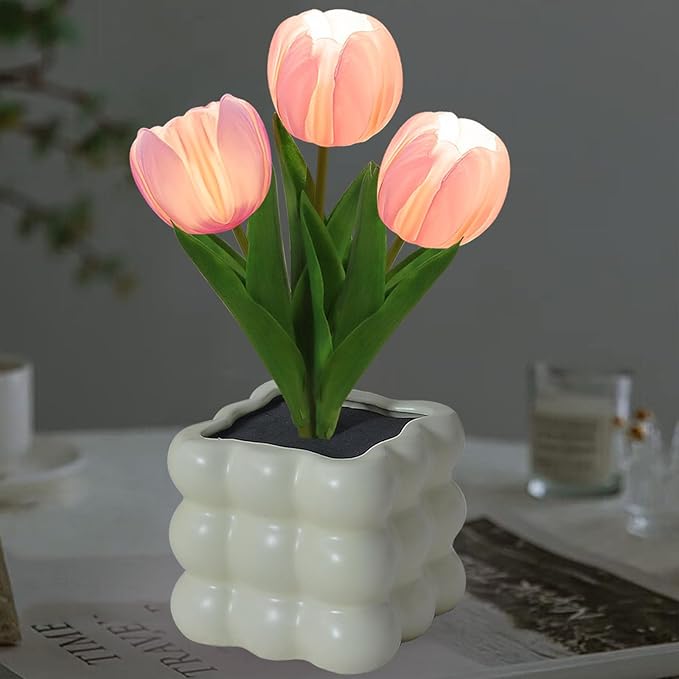 Flower Table Lamp, Tulip Desk LED Night Light for Home Living Room Decor, Artificial Flower with Vase Lamp, Table Centerpieces for Holiday Party Wedding Room Decoration (Pink Tulip - Button Battery)