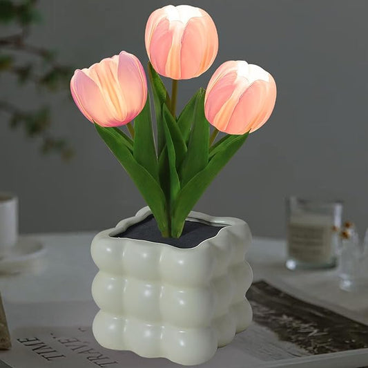 Flower Table Lamp, Tulip Desk LED Night Light for Home Living Room Decor, Artificial Flower with Vase Lamp, Table Centerpieces for Holiday Party Wedding Room Decoration (Pink Tulip - Button Battery)