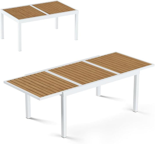 Expandable Patio Dining Table for 4-8 People, Aluminum Outdoor Square Table(55"- 82.7") with Safety Lock, Adjustable Height - Wood Grain for Backyard, Garden, Porch, Yard, Poolside,White