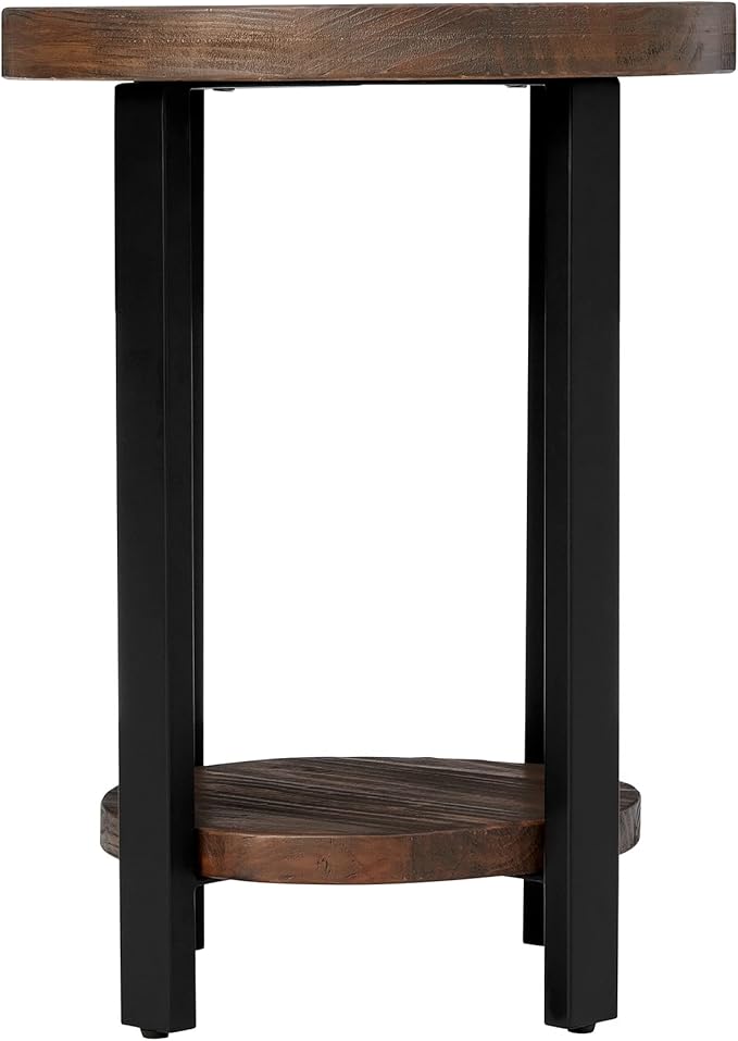 Pomona 20 in. Round End Table with 2 Shelves, Solid Wood Top, Metal Legs, Rustic Natural Brown Finish - Living Room Furniture