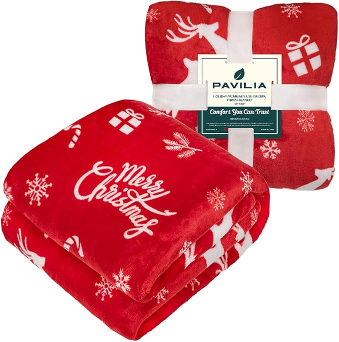 PAVILIA Premium Christmas Sherpa Throw Blanket | Christmas Decoration Gift, Fleece, Plush, Warm, Cozy Reversible Microfiber Holiday Blanket | Red Reindeer - 60x80 Twin