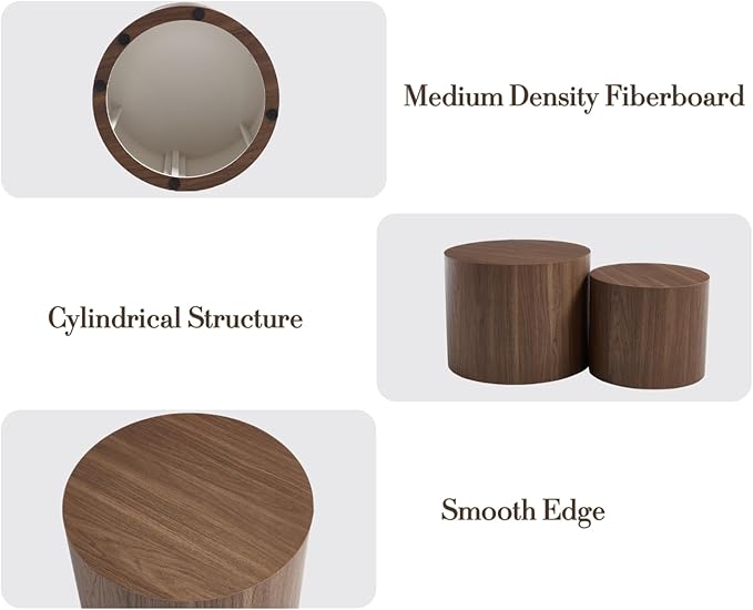 EALSON Nesting Coffee Tables Set of 2 Farmhouse Small Round End Tables Modern Wood Circle Side Table Drum Table for Living Room Small Spaces Bedroom Balcony, No Assembly, Walnut