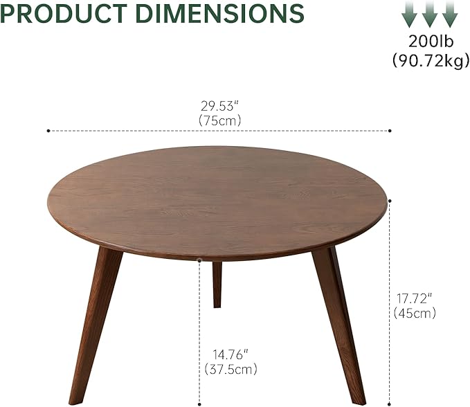 100% Solid Oak Wood Mini Coffee Table, Round Cofffe Tables Side Table w/Solid Wood Legs, Walnut Mid Century Table for Bedroom Balcony Living Room (29.53" D x 17.72" H)