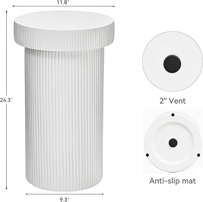 Side Table, 24" Pedestal End Table, 3-in-1 Durable Lightweight Round Coffee Table, Decorative Patio Accent Table Fluted Garden Stool Art Decor for Poolside, Balcony, Living Room,White
