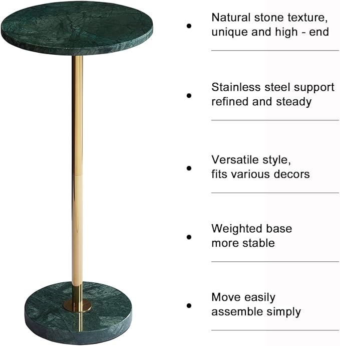 Premium Small Round Natural Marble Stone Pedestal Side Table, End Table, Mini Drink Table with Upgraded Weighted Marble Base, for Livingroom, Bedroom, Bathroom, Balcony, Small Spaces (Emerald Green)